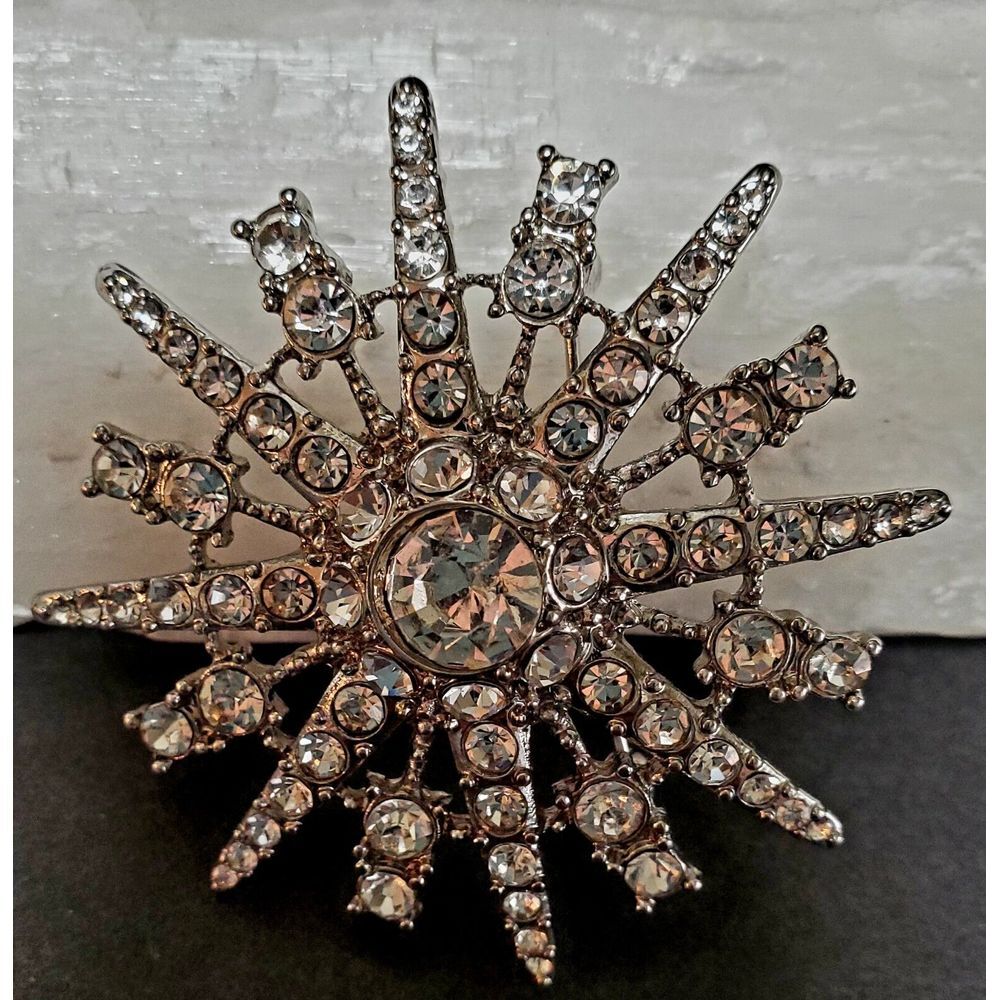 VTG Diamante Brooch Sunburst Snowflake Silver Tone Holiday Snow Large Bling Pin